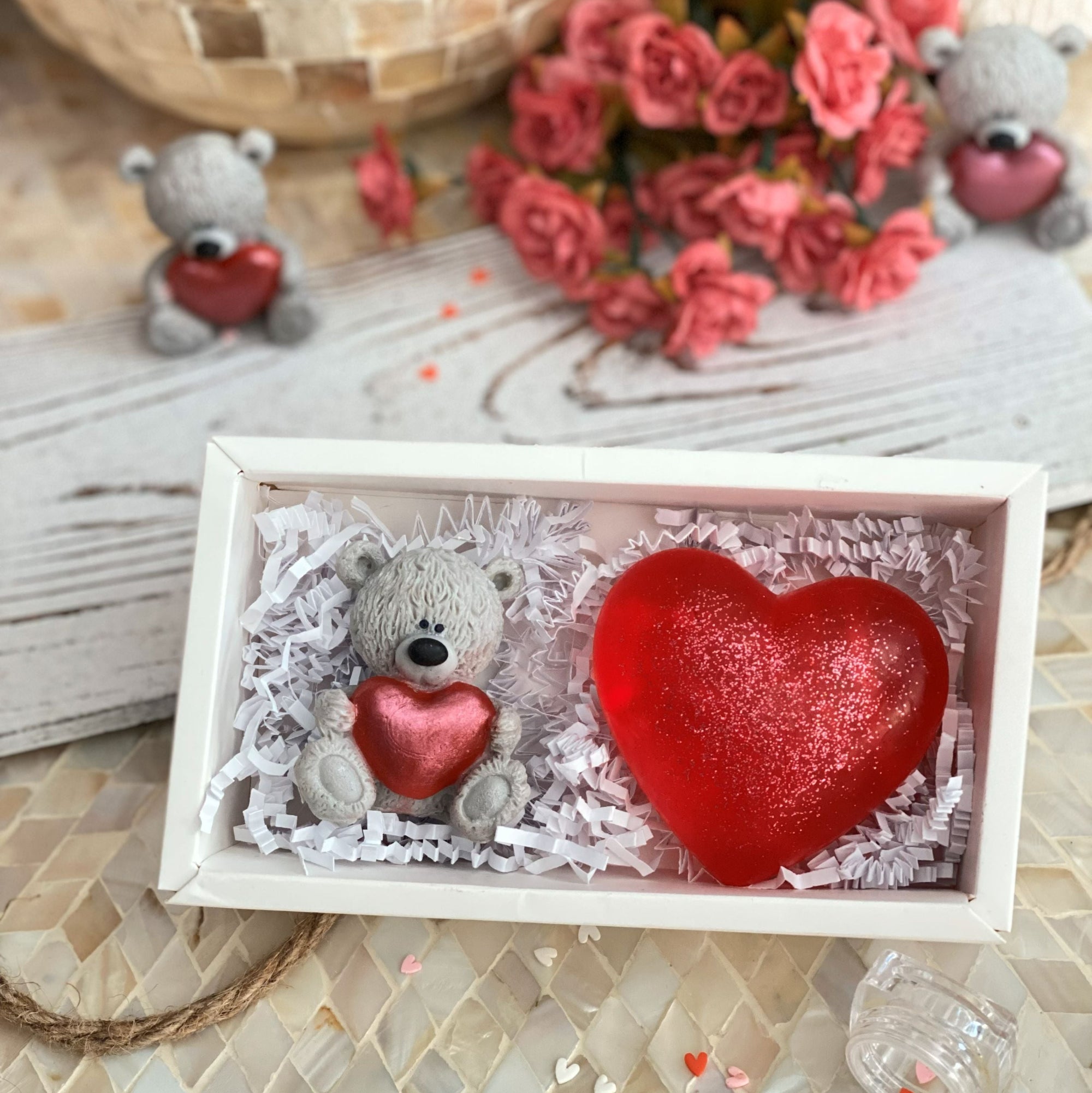 Valentine Soap Gift Set | Teddy Bear + Red Glitter Heart | Handmade Romantic Gift Box
