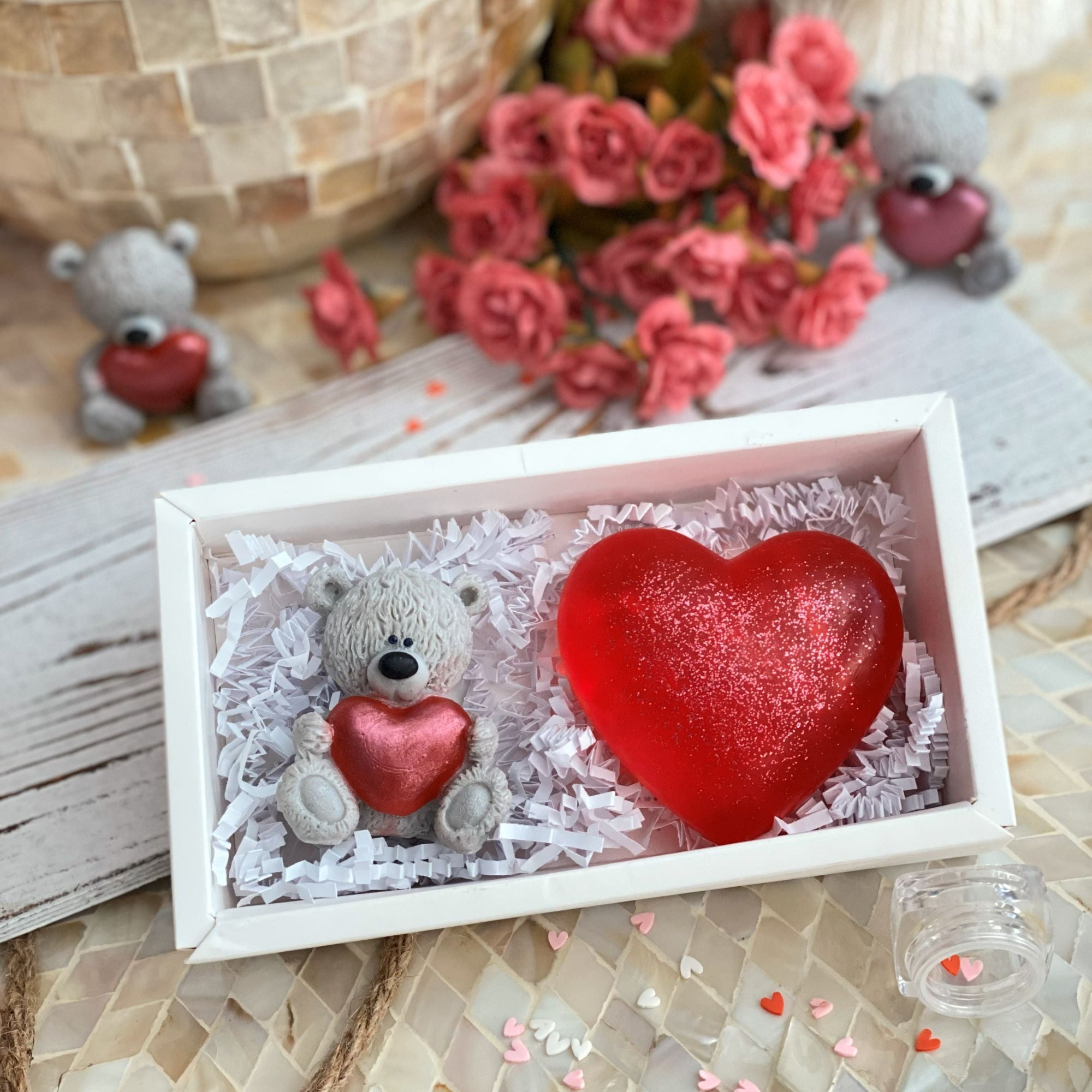 Valentine Soap Gift Set | Teddy Bear + Red Glitter Heart | Handmade Romantic Gift Box