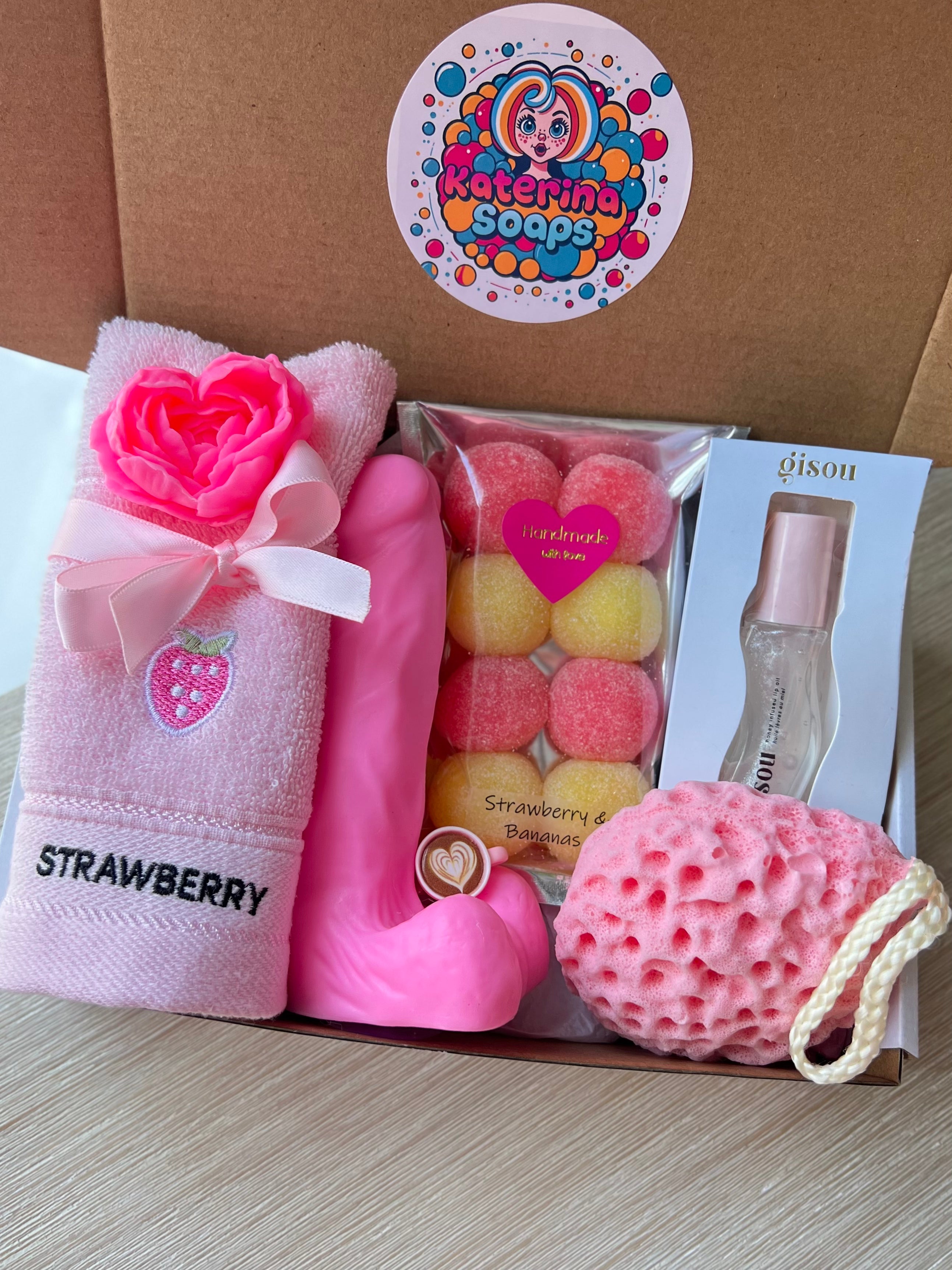 Strawberry Spa Gift Set – 18+ Handmade Soap & Body Sugar Scrub, Towel, Sponge & Gisou Lip Oil, Coffee Cup Charm