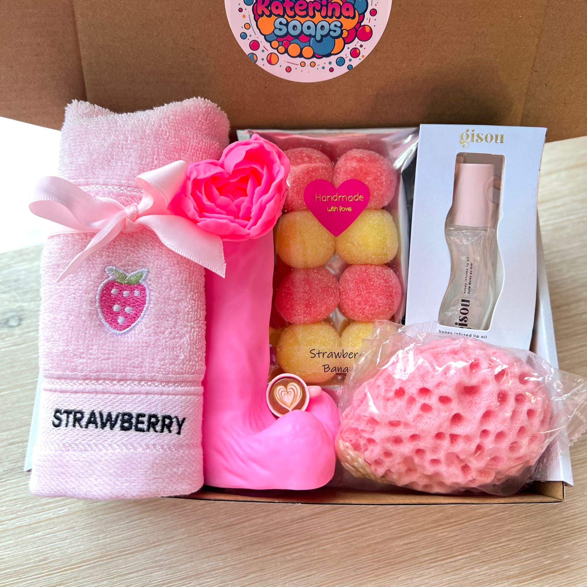 Strawberry Spa Gift Set – 18+ Handmade Soap & Body Sugar Scrub, Towel, Sponge & Gisou Lip Oil, Coffee Cup Charm