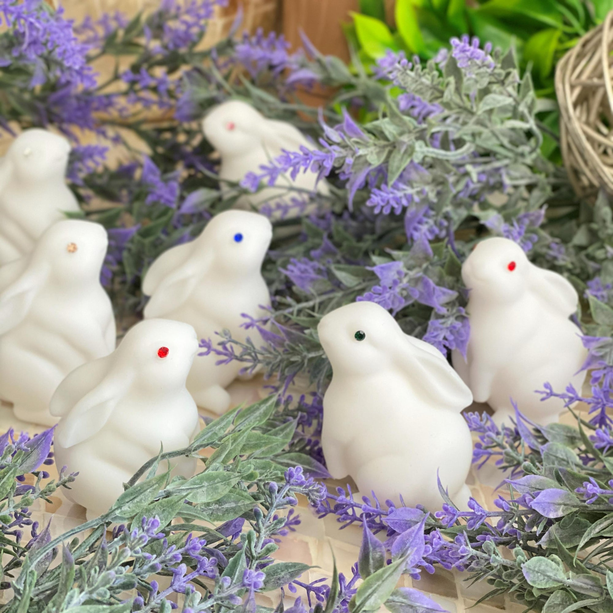 Small white rabbits with colorful eyes on a bed of lavender and greenery