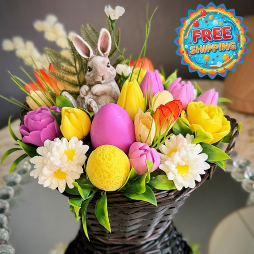 Spring Easter basket arrangement featuring a bunny soap surrounded by colorful flower soaps and a central egg soap, with decorative greenery and accents.