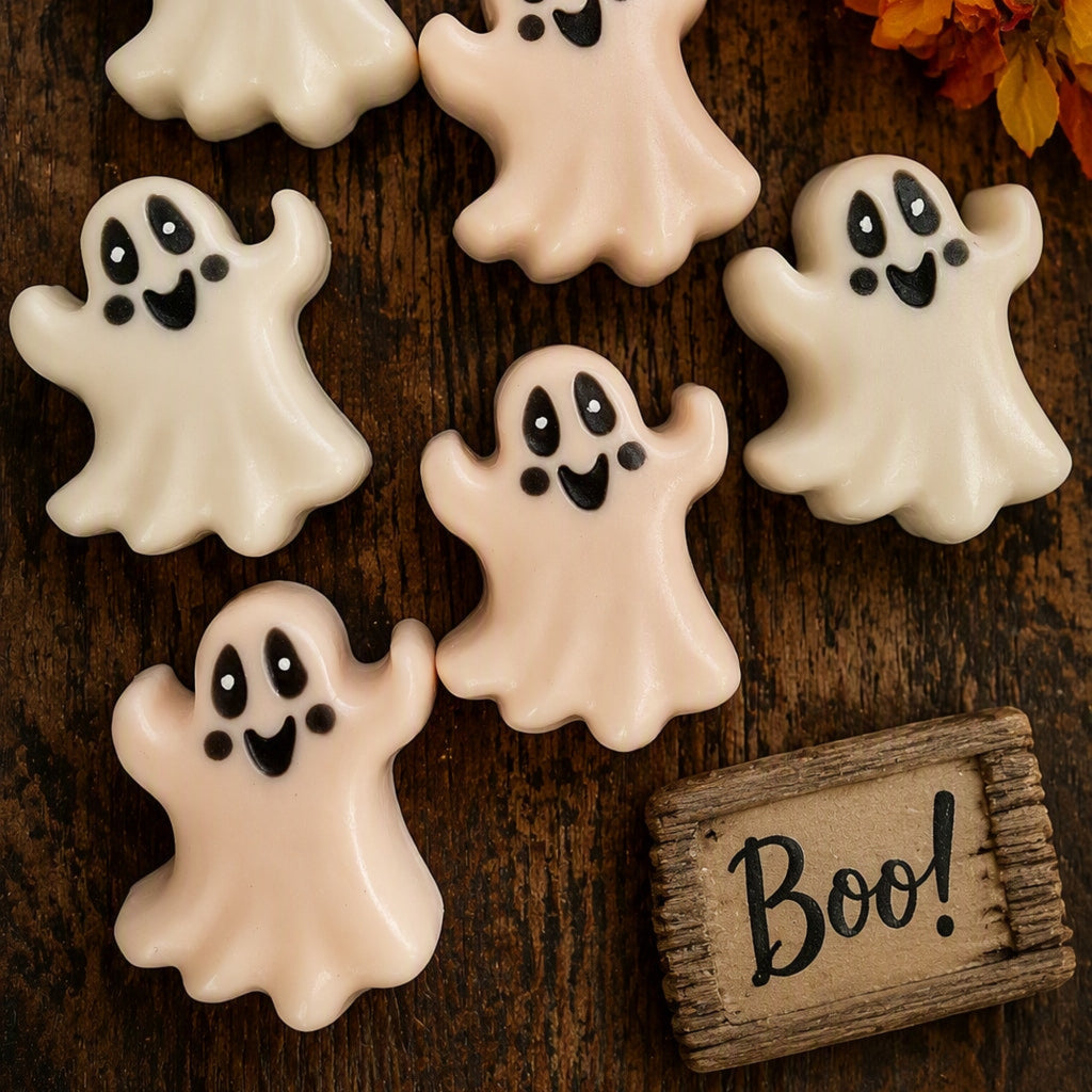 Handmade white ghost-shaped soap with black facial features displayed among autumn leaves, perfect for Halloween gifting and seasonal décor