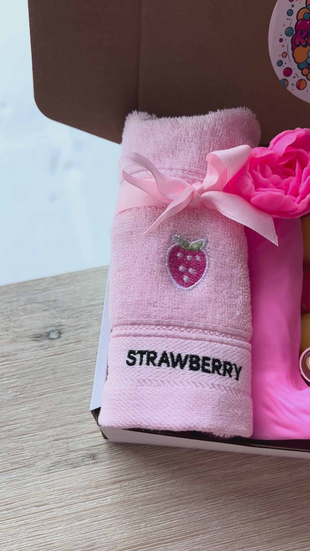 Strawberry Spa Gift Set – 18+ Handmade Soap & Body Sugar Scrub, Towel, Sponge & Gisou Lip Oil, Coffee Cup Charm